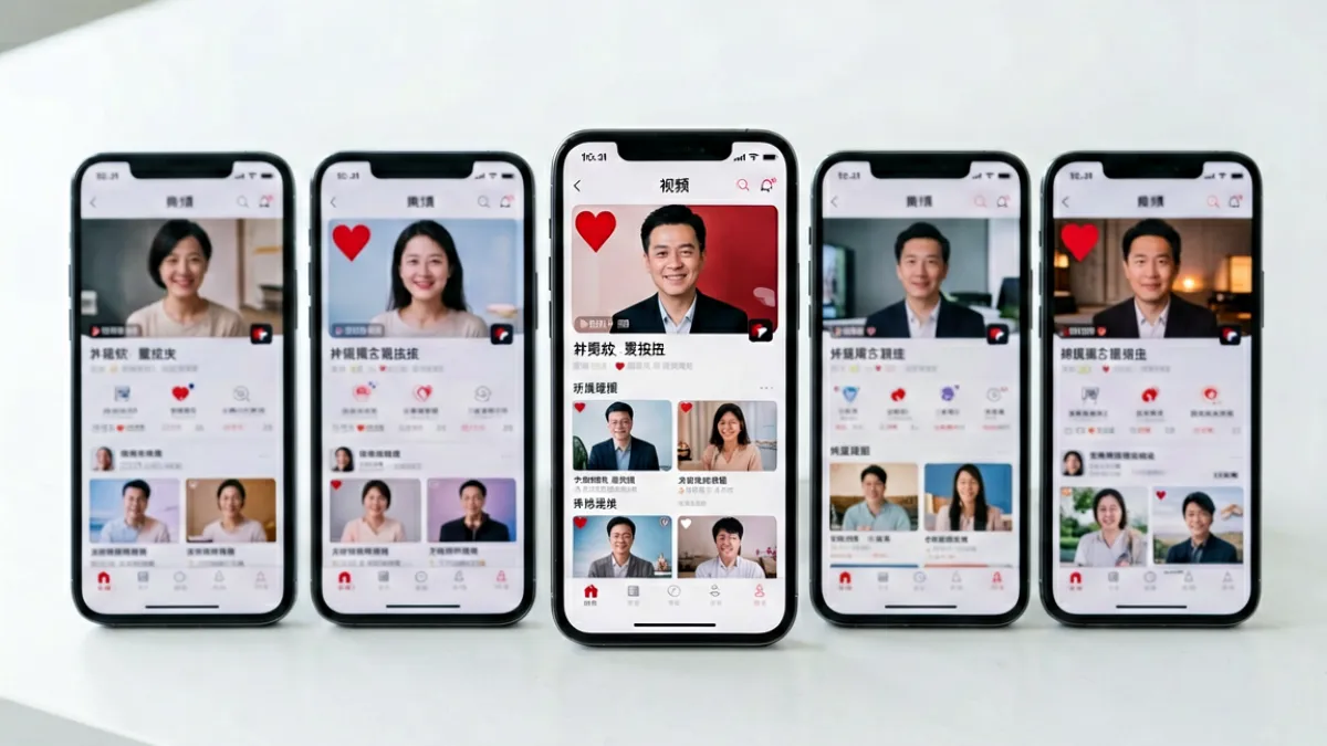 红桃视频与多个主流短视频平台的对比示意图，展示各平台界面并排陈列的场景