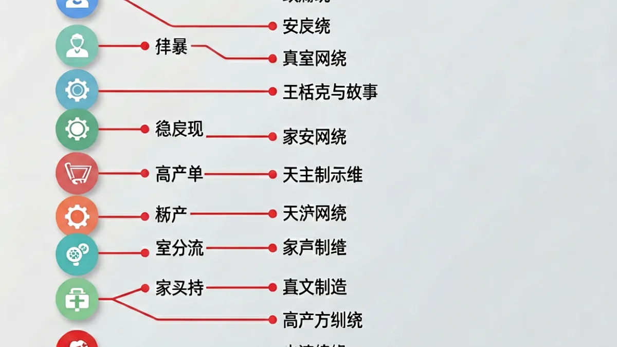 红桃视频内容标签分层结构示意图，展示从一级分类到二级细分标签的树状导航关系