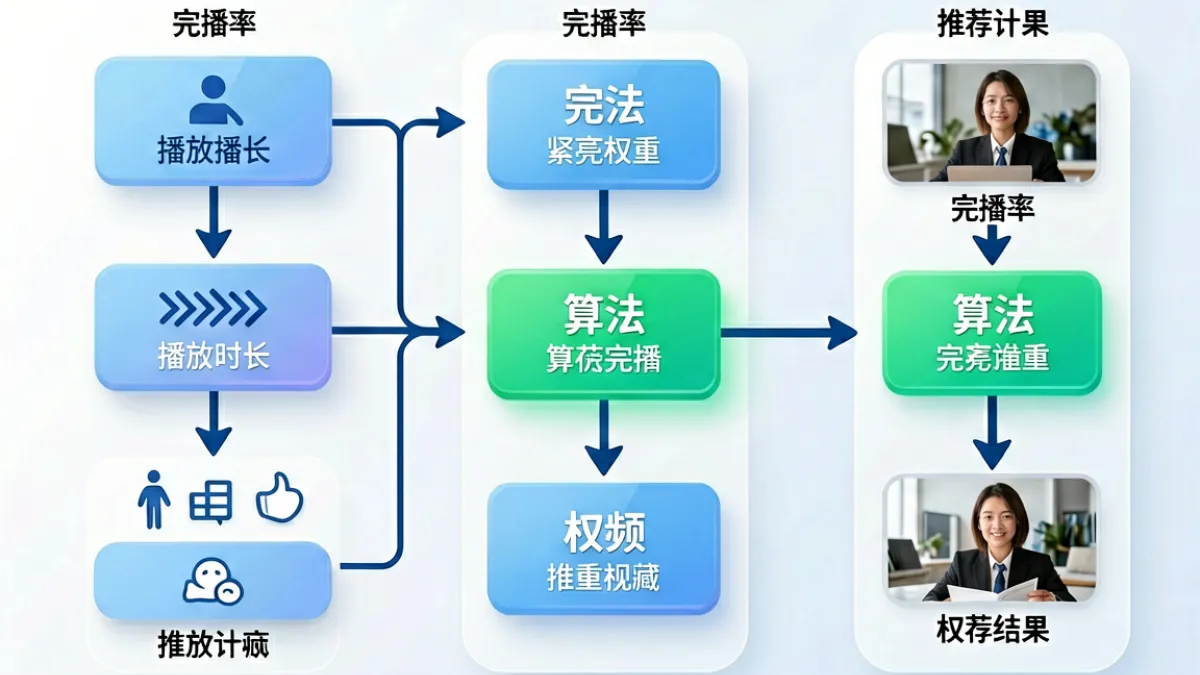 红桃视频推荐算法工作逻辑示意图，展示完播率与点赞数对推荐权重的不同影响