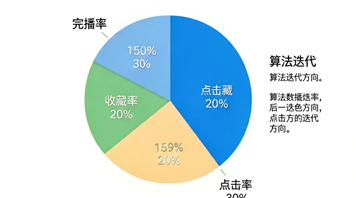 红桃视频算法权重示意图，用圆饼图展示完播率、收藏率与点击率三项指标的占比关系
